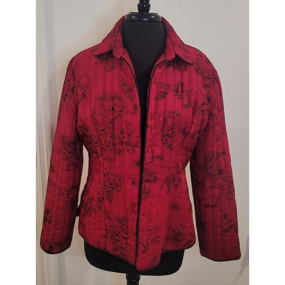 VTG Carole Little Silk Quilted Beaded Jacket Red Black Women’s L EUC - Picture 1 of 7